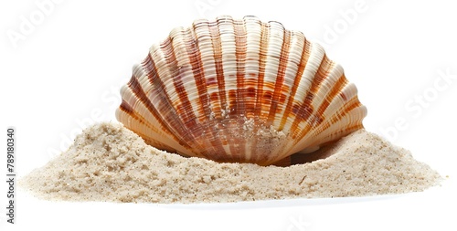 Sea Shell in Sand Pile Isolated on White Background, Side View
