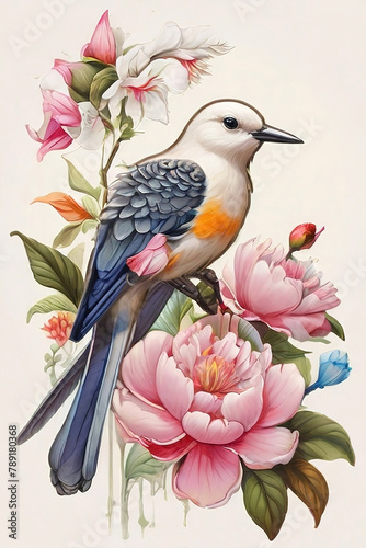 birds perched on branches and flowers Watercolor  vector illustration, isolated white background. © Thachakrit
