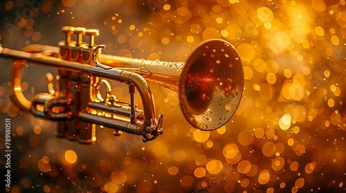 A trumpet is shown on a background of golden bokeh. photo