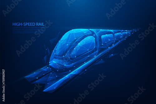 train speed technology low poly wireframe on blue background. logistic high speed rail. vector illustration fantastic design background.