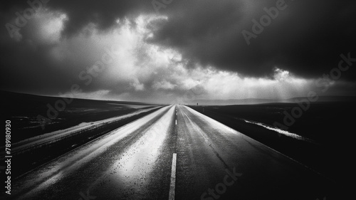 Black and white photography of the rainy road, dark with clouds. Landscapes photography