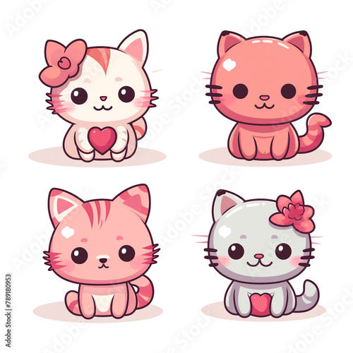 set of 4 kawaii kitten, cat doodles, kitten icons printable clipart on white background сreated with Generative Ai