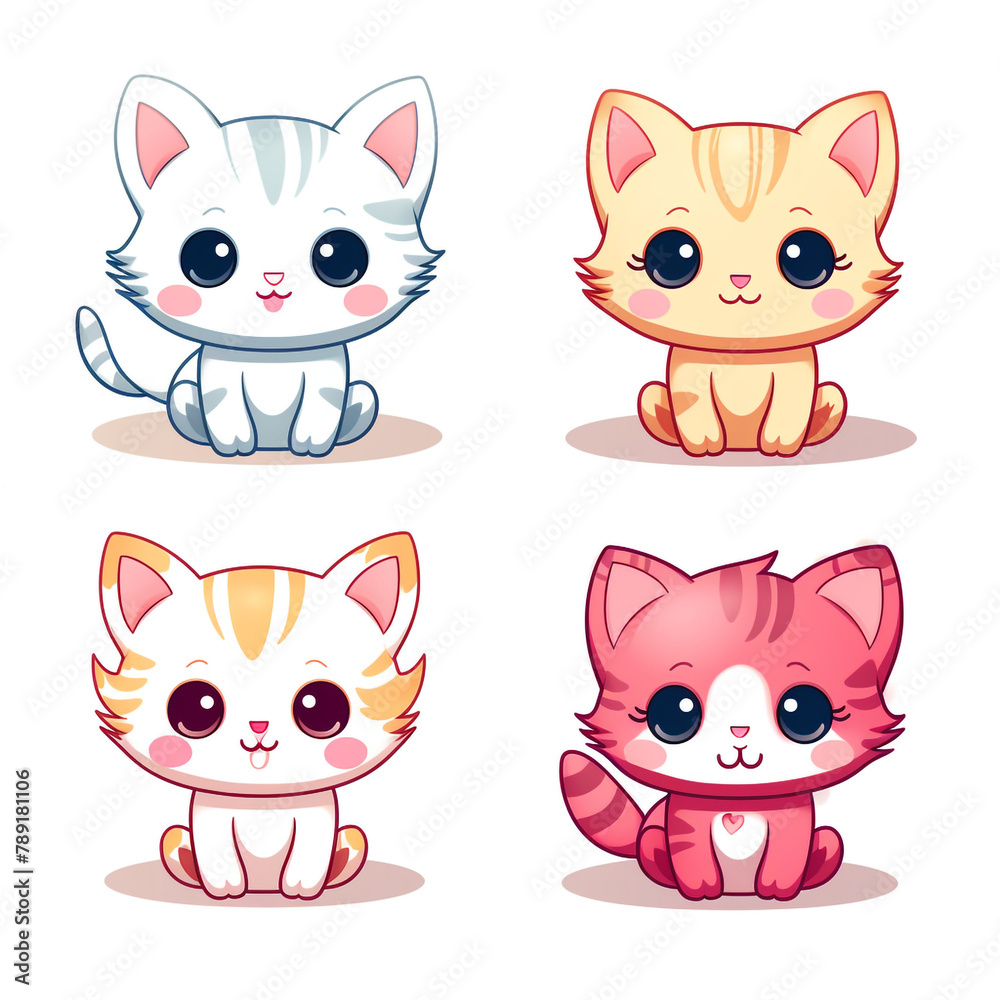 Obraz premium set of 4 kawaii kitten, cat doodles, kitten icons printable clipart on white background сreated with Generative Ai