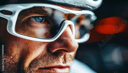 Intense focus cyclist s eyes through sunglasses, capturing concentration in summer olympic games