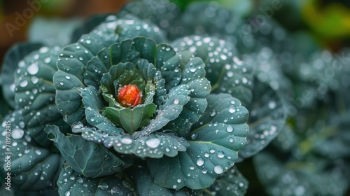 leaves dotted with water droplets, red flower at heart