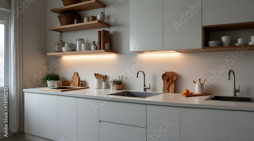 Modern kitchen with stainless steel faucet, island sink, and wall-mounted kitchenware.generative.ai