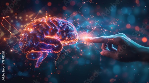 A hand touches an Electric blue glowing brain with its finger photo