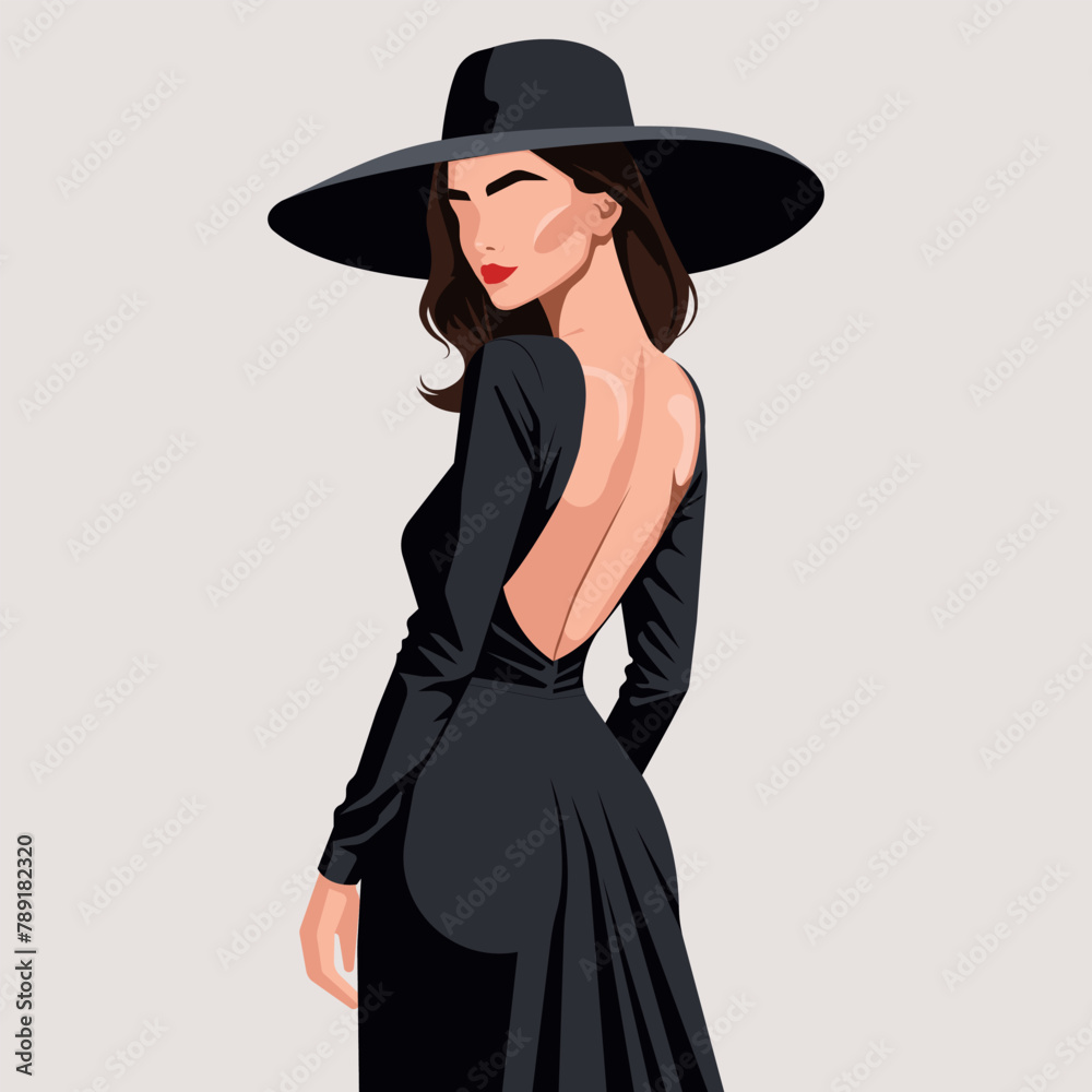 Custom vector fashion illustration of a beautiful young woman with an abstract face wearing an elegant black backless dress and a fashionable hat. Back view.
Custom vector fashion illustration of a beautiful young woman with an abstract face wearing an elegant black backless dress and a fashionable hat. Back view.