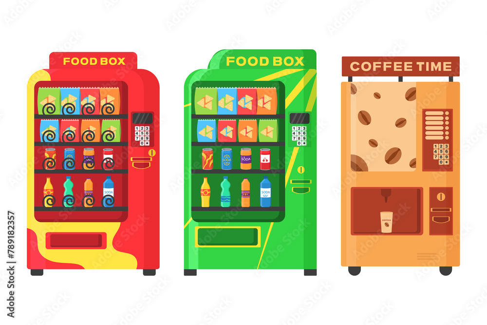 PNG, Colorful automat front view with cold drink, snack, popcorn and coffee in flat design. Vending machine with fast food snacks, drinks, nuts, chips, cracker, juice, sandwich. PNG, Colorful automat front view with cold drink, snack, popcorn and coffee in flat design. Vending machine with fast food snacks, drinks, nuts, chips, cracker, juice, sandwich.