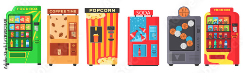 PNG, Colorful automat front view with cold drink, snack, popcorn and coffee in flat design. Vending machine with fast food snacks, drinks, nuts, chips, cracker, juice, sandwich.