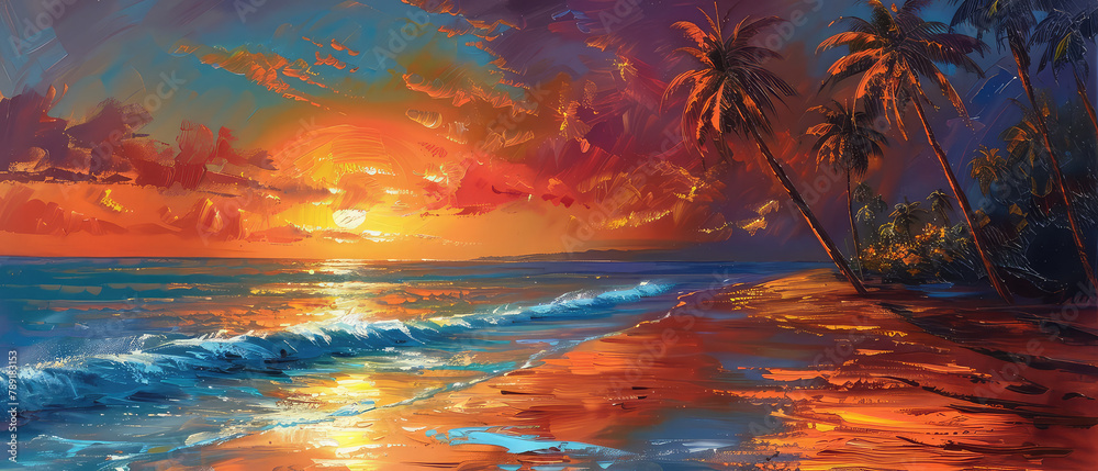 Painting of sunset on a tropical beach with palm trees