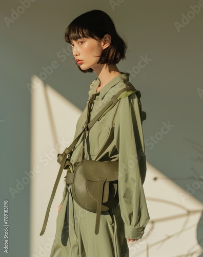 Woman in Green Dress With Fanny Bag