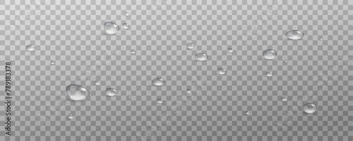 Realistic vector water drops png on a transparent light background. Water condensation on the surface with light reflection and realistic shadow. 3d vector illustration