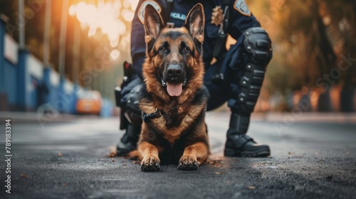 Portrait of a police dog on duty in a large city photo