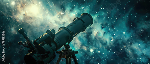 Telescope observing a starry night sky photo