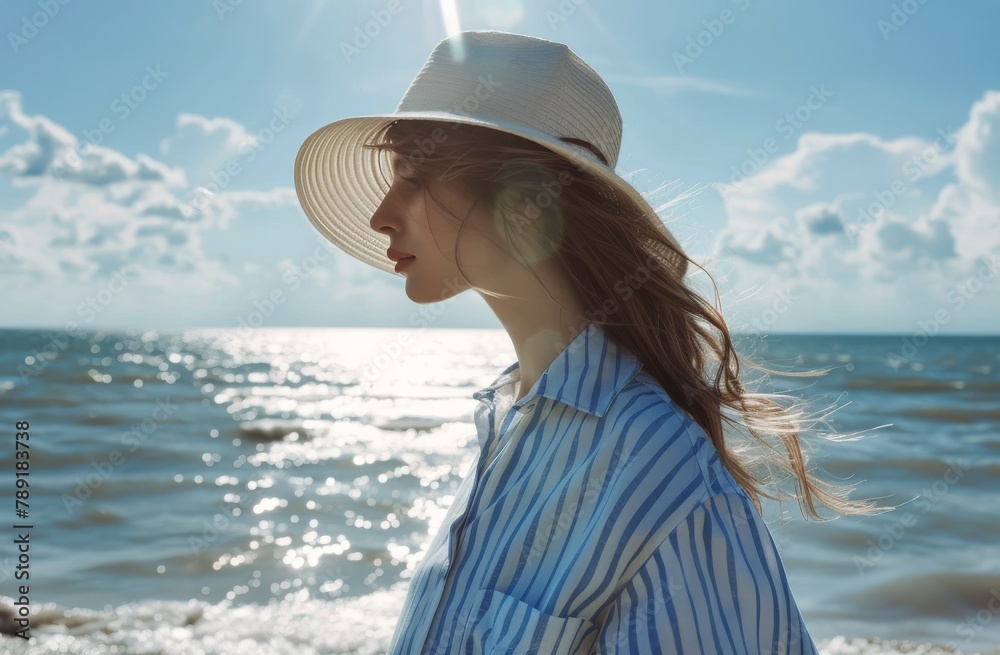 Woman in Hat Gazing at Ocean