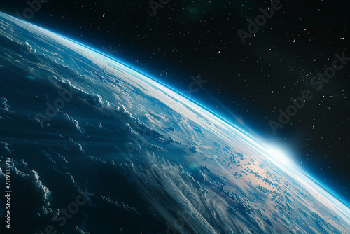 A breathtaking view of the Karman line, where Earth's atmosphere meets space, vibrant blue hues against the blackness of space, seen from a space station window Created Using High-resolution sp photo