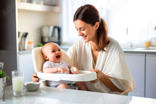 Mother smiling while feeding her happy baby in a highchair photo