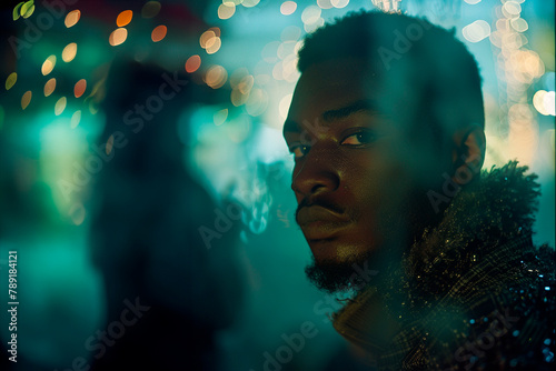 An afro man with a beard looks at the camera, the background is dark with few lights