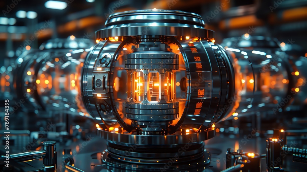 Closeup of a fusion reactor model, highlighted with blue and orange lights, emphasizing advanced energy technology.