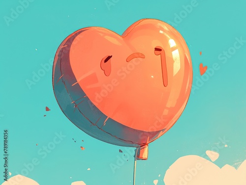 A cartoon heart deflating like a sad balloon, with a single teardrop forming at its bottom , close-up photo