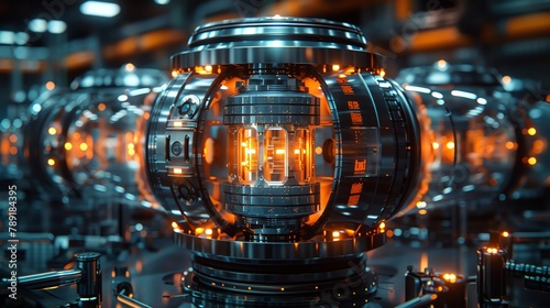 Closeup of a fusion reactor model  highlighted with blue and orange lights  emphasizing advanced energy technology.