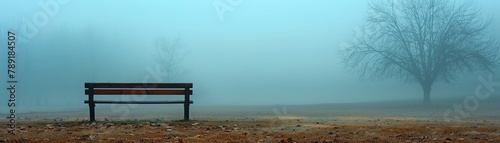 Empty park bench in a foggy setting, symbolizing absence and the quietude of depression. photo