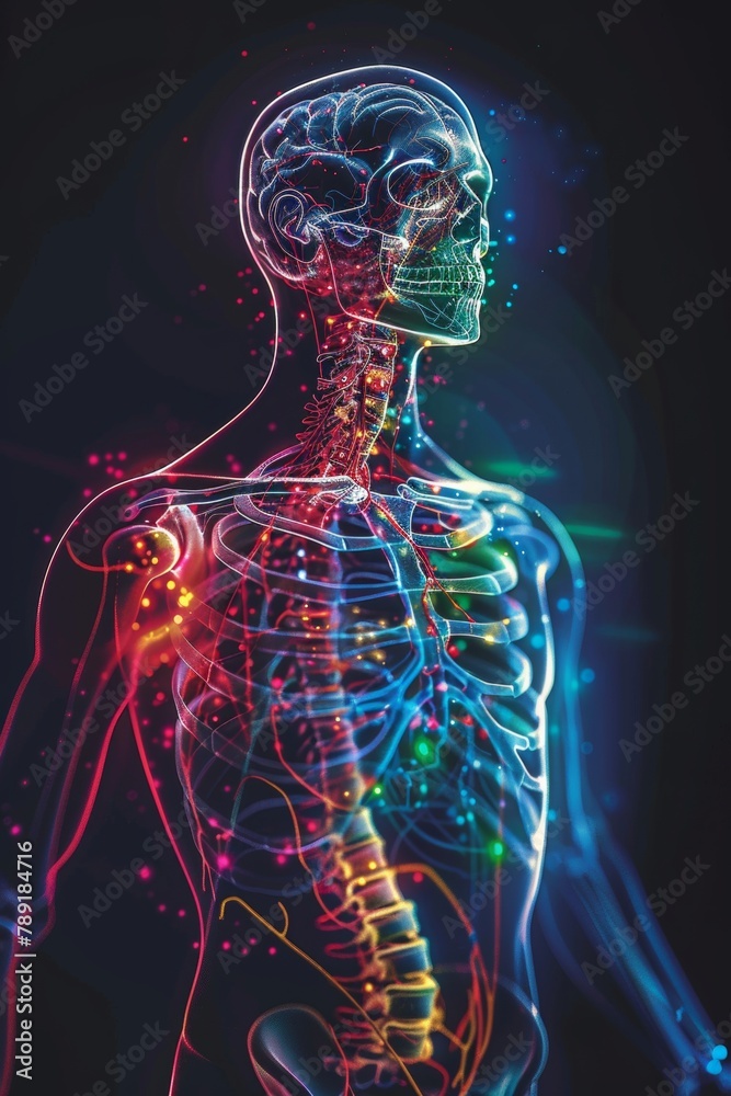 Glowing hologram of human body 3D bone system structure with dark background. Glowing hologram of human body 3D bone system structure with dark background.