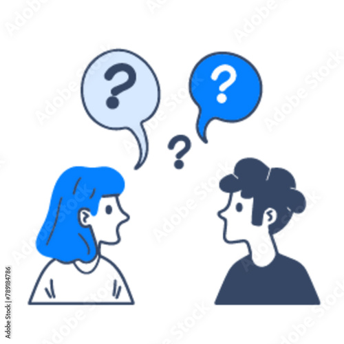 Speech bubbles filled with question marks hover around two people