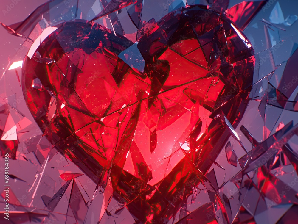 A closeup of shattered red glass fragments shaped like a heart, reflecting sharp pain and loss , 3d style - obrazy, fototapety, plakaty 