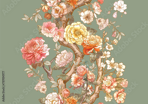 Blossom trees with rose, peony, chrysanthemum, Seamless pattern, background. Vector illustration. In Chinoiserie, botanical style