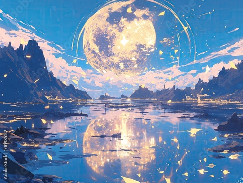 A dreamlike landscape with a shattered moon reflecting in a lake, its pieces resembling a broken heart , close-up