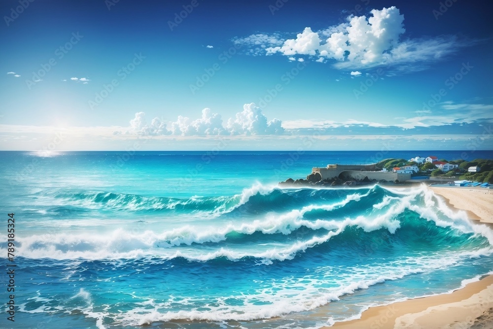 Paysage de plage avec grand ciel bleu et saisons