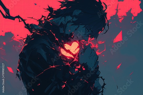 A silhouette of a person hunched over, clutching their chest with a shattered heart glowing within , close-up