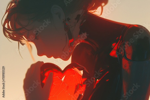 A silhouette of a person hunched over, clutching their chest with a shattered heart glowing within , close-up photo
