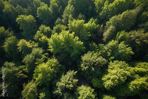 A view of a forest with a lot of trees, above a forest