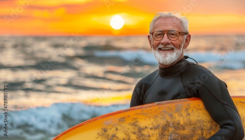 Elderly man with surfboard enjoying sunset on beach  lifestyle  sport  vacation and travel concept