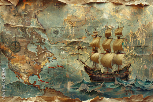  A cartographic background featuring a vintage map, illustrating the voyages and expeditions of ancient times, with a focus on historic landmarks and the art of navigation  photo