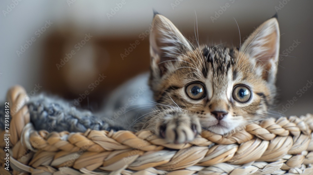 Obraz premium Small Kitten Sitting Inside of a Basket