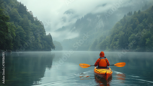 Man Paddling Yellow Kayak Down River