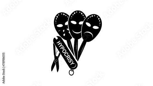 Hypocrisy emblem, swiss knife with masks,  black isolated silhouette