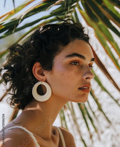 Woman Standing Under Palm Tree With Large Earrings