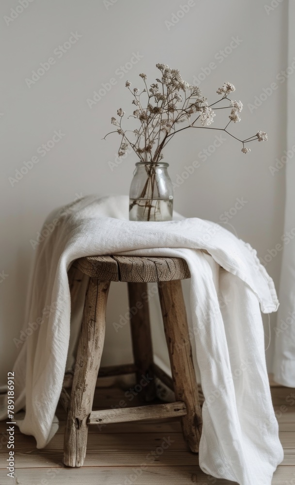 Wooden Stool With Vase of Flowers Wooden Stool With Vase of Flowers