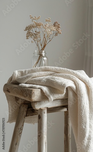 Wooden Stool With Vase of Flowers