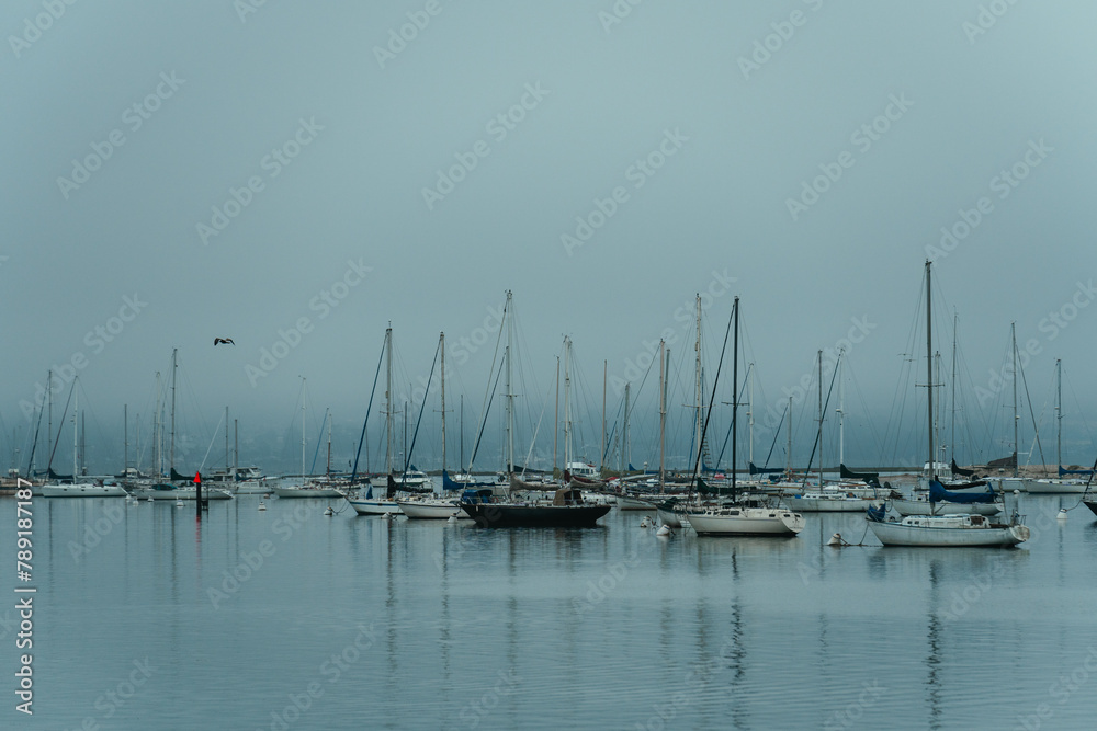 Calm and quiet ambience in the harbour of Morro Bay, California, during a foggy morning