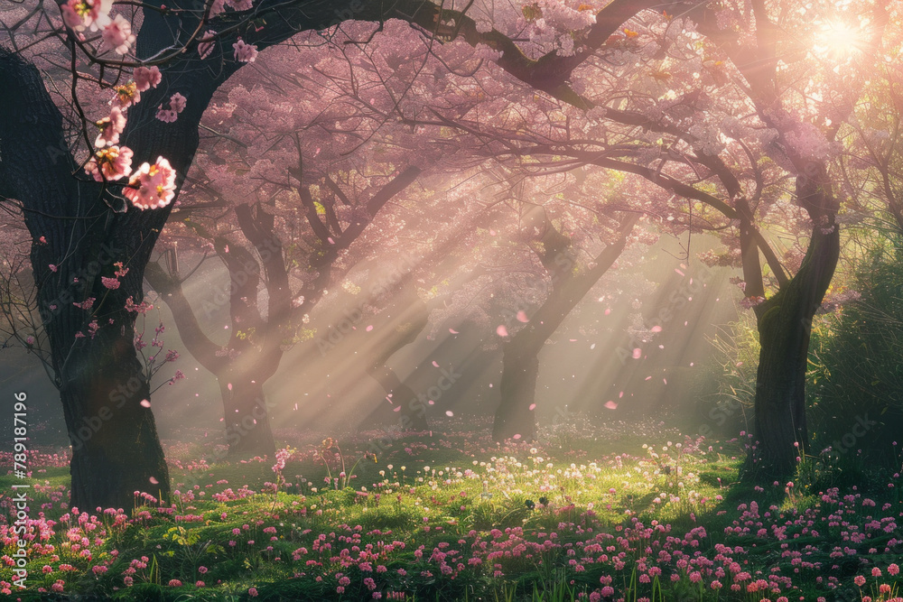 Naklejka premium Cherry blossom tree with light rays in the morning