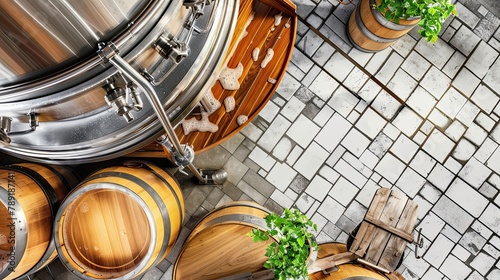 Top view of a brewery processing area featuring steel tanks, wooden barrels, and fresh beer ingredients such as hops and malt, embodying the craft of beer making. Generative AI photo