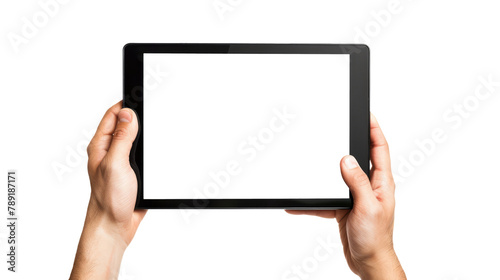 human hand holding tablet with blank display screen, isolated on white or transparent png