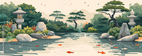 A peaceful Japanese garden with a koi pond, stone lanterns, and manicured bonsai trees. Vector flat minimalistic isolated illustration.