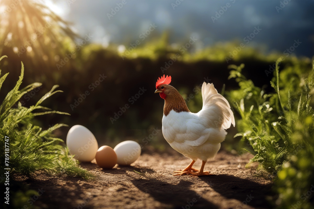 Fototapeta premium oeuf poule avec white questioning interrogation question animal portrait life isolated hen reflexion fowl red-haired origin philosophy brooding point egg
